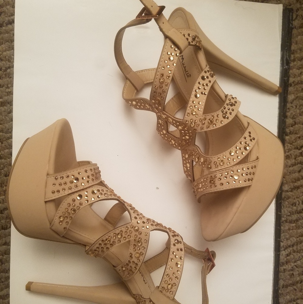Shoes, heels, platforms, tan, gold, rhinestones